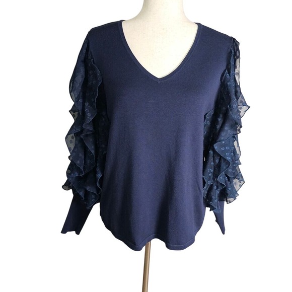 Navy Blue Whimsy Goth Ruffle Statement Sleeve with Swiss Dot Top L - Picture 3 of 10